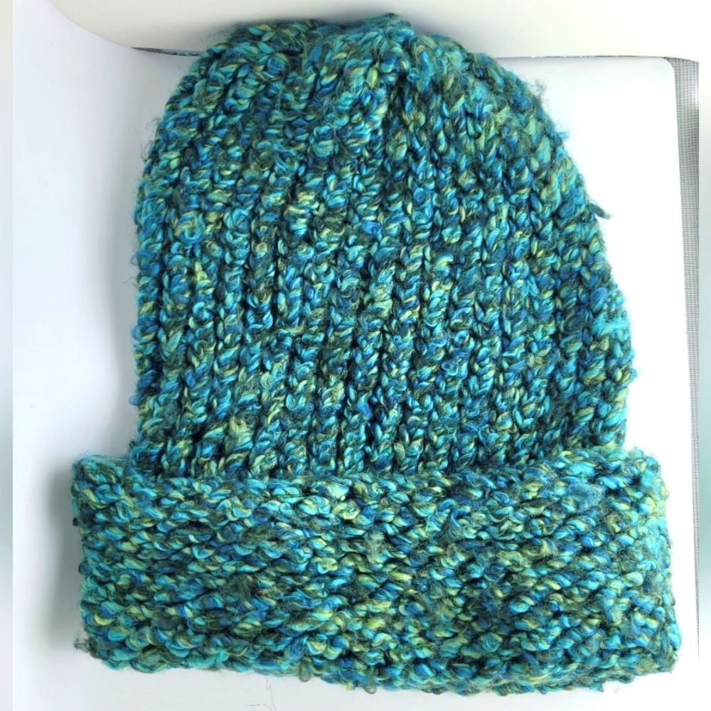 Hand Crafted Women's Mixed Blue Green Blend Knit Beanie